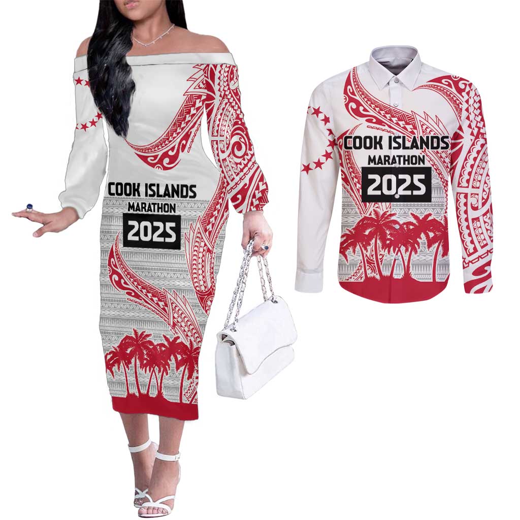 Cook Islands Marathon 2025-Pursuit in Paradise Couples Matching Off The Shoulder Long Sleeve Dress and Long Sleeve Button Shirt Red Color LT03 Red - Polynesian Pride