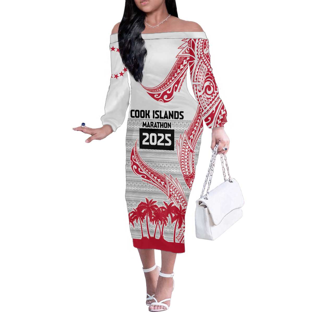 Cook Islands Marathon 2025-Pursuit in Paradise Family Matching Off The Shoulder Long Sleeve Dress and Hawaiian Shirt Red Color LT03 Mom's Dress Red - Polynesian Pride