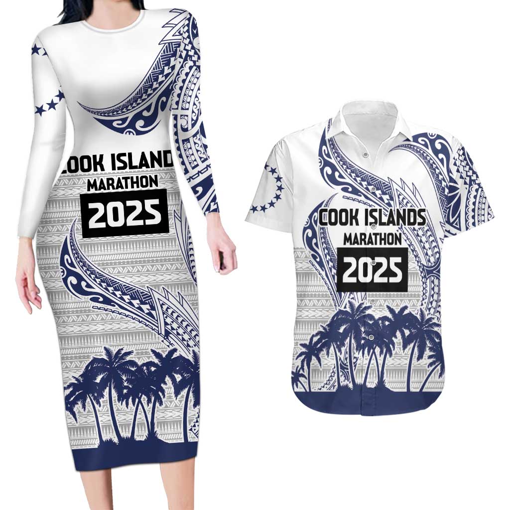 Cook Islands Marathon 2025-Pursuit in Paradise Couples Matching Long Sleeve Bodycon Dress and Hawaiian Shirt Blue Color
