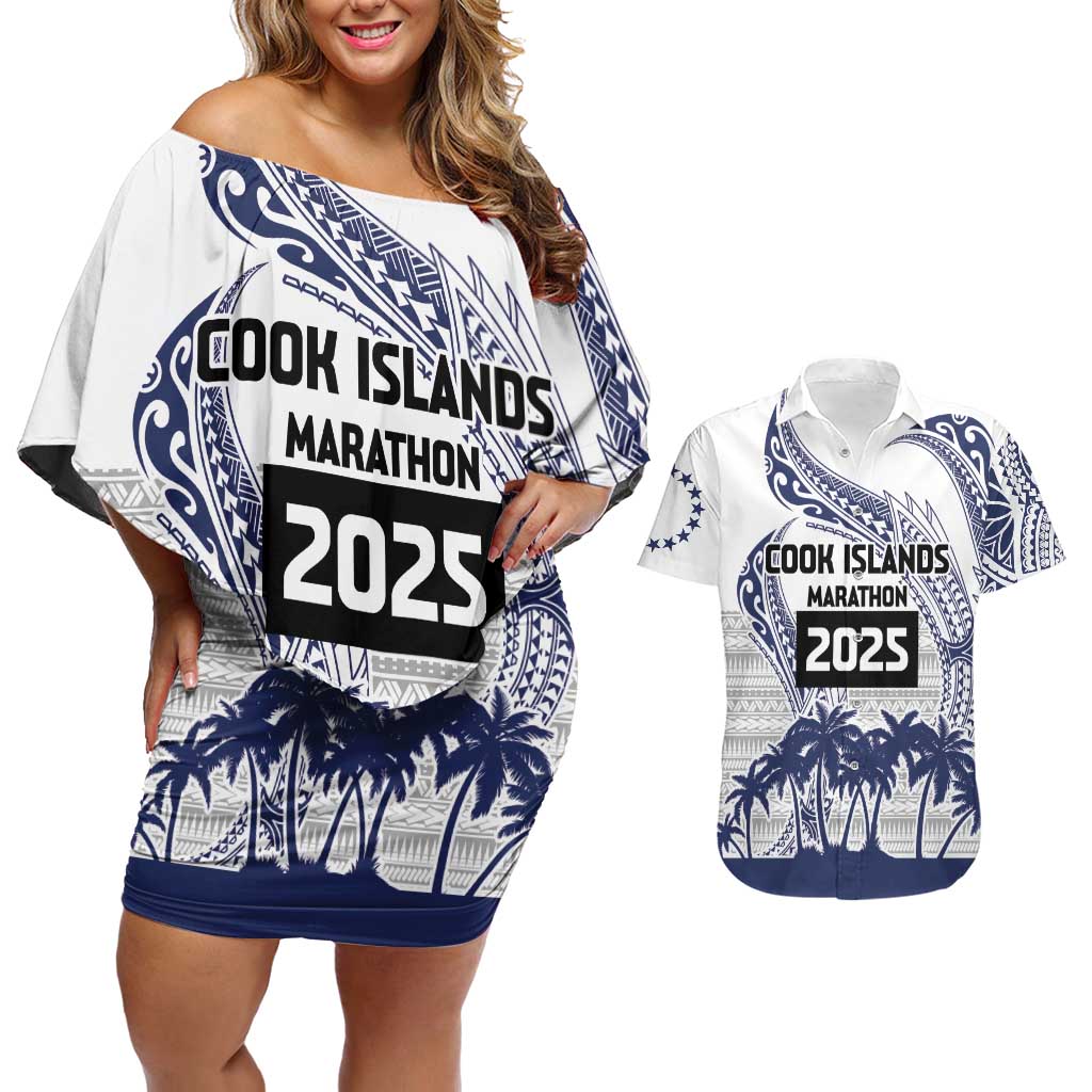 Cook Islands Marathon 2025-Pursuit in Paradise Couples Matching Off Shoulder Short Dress and Hawaiian Shirt Blue Color LT03 Blue - Polynesian Pride