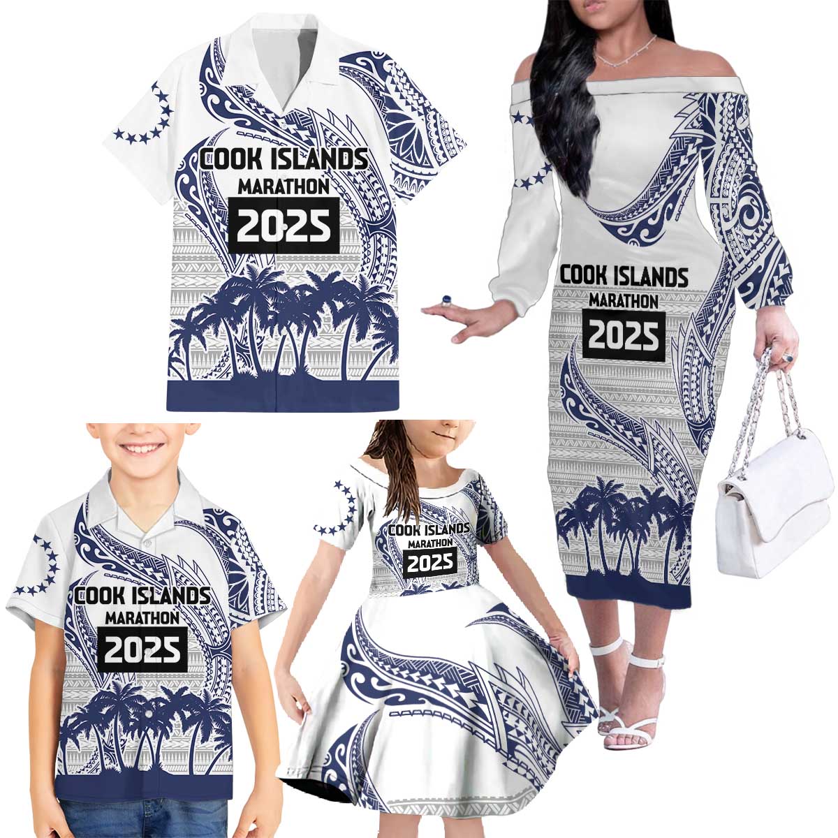 Cook Islands Marathon 2025-Pursuit in Paradise Family Matching Off The Shoulder Long Sleeve Dress and Hawaiian Shirt Blue Color LT03 - Polynesian Pride