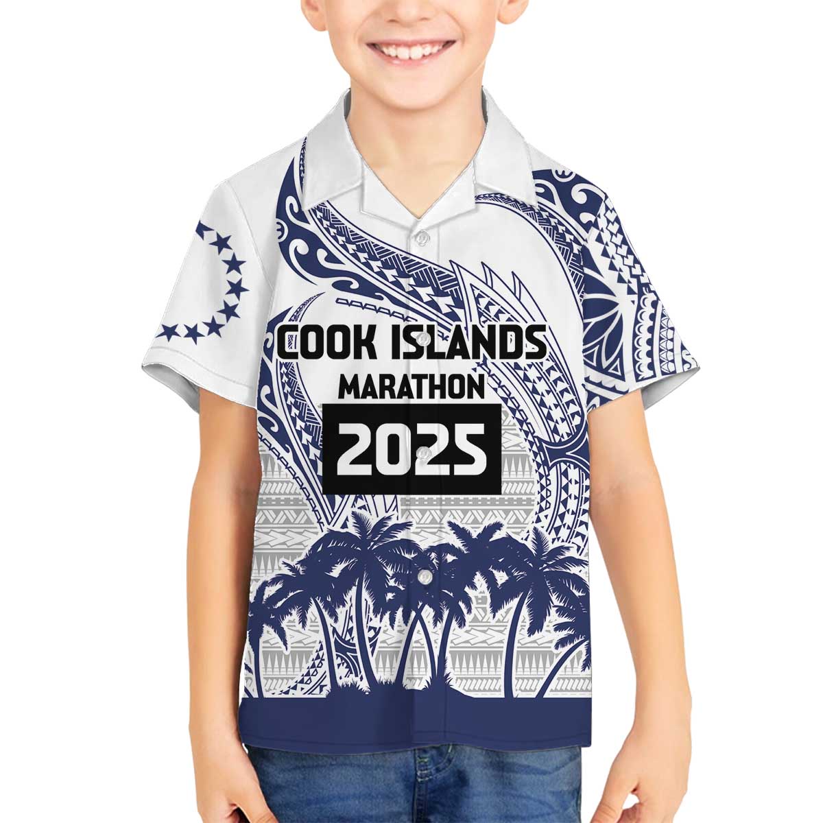 Cook Islands Marathon 2025-Pursuit in Paradise Family Matching Off The Shoulder Long Sleeve Dress and Hawaiian Shirt Blue Color LT03 Son's Shirt Blue - Polynesian Pride