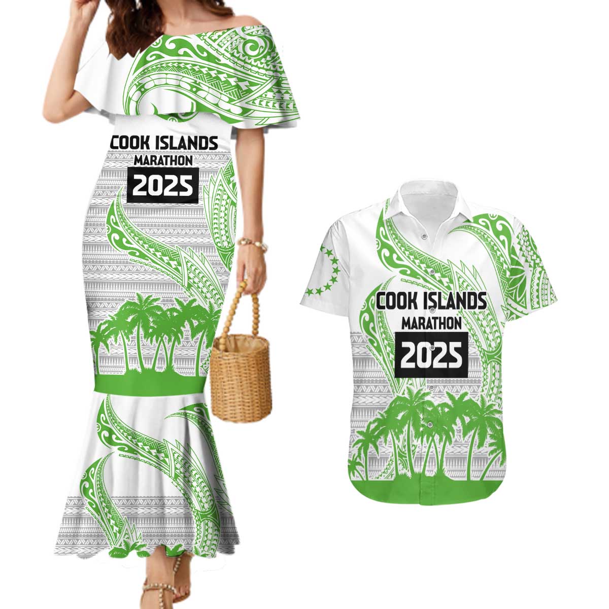 Cook Islands Marathon 2025-Pursuit in Paradise Couples Matching Mermaid Dress and Hawaiian Shirt Green Color LT03 Green - Polynesian Pride