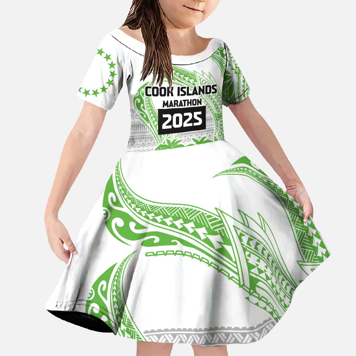 Cook Islands Marathon 2025-Pursuit in Paradise Family Matching Off The Shoulder Long Sleeve Dress and Hawaiian Shirt Green Color LT03 Daughter's Dress Green - Polynesian Pride