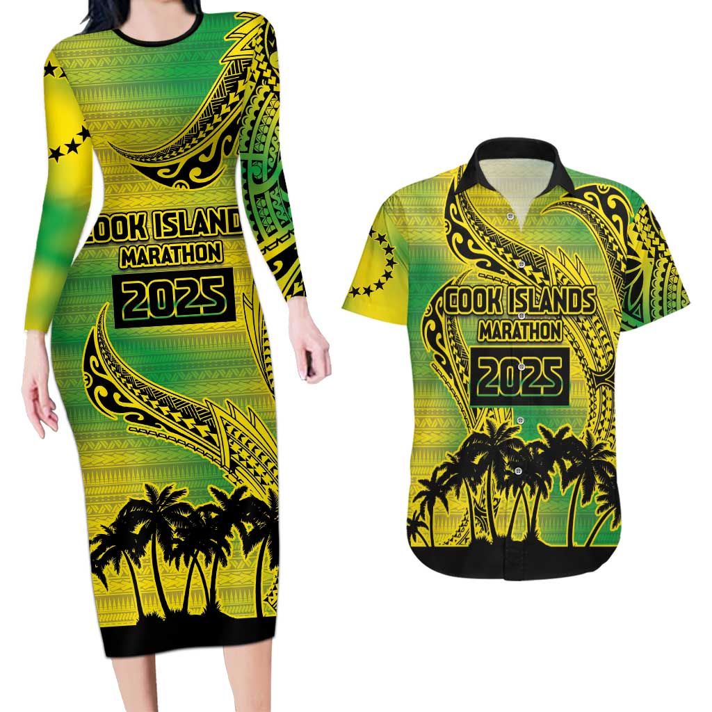 Cook Islands Marathon 2025-Pursuit in Paradise Couples Matching Long Sleeve Bodycon Dress and Hawaiian Shirt Special Edition LT03 Yellow-Green - Polynesian Pride