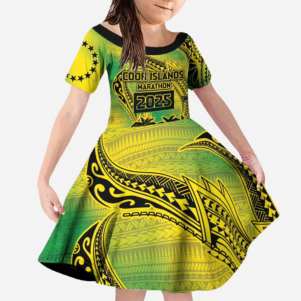 Cook Islands Marathon 2025-Pursuit in Paradise Family Matching Off The Shoulder Long Sleeve Dress and Hawaiian Shirt Special Edition LT03 Daughter's Dress Yellow-Green - Polynesian Pride