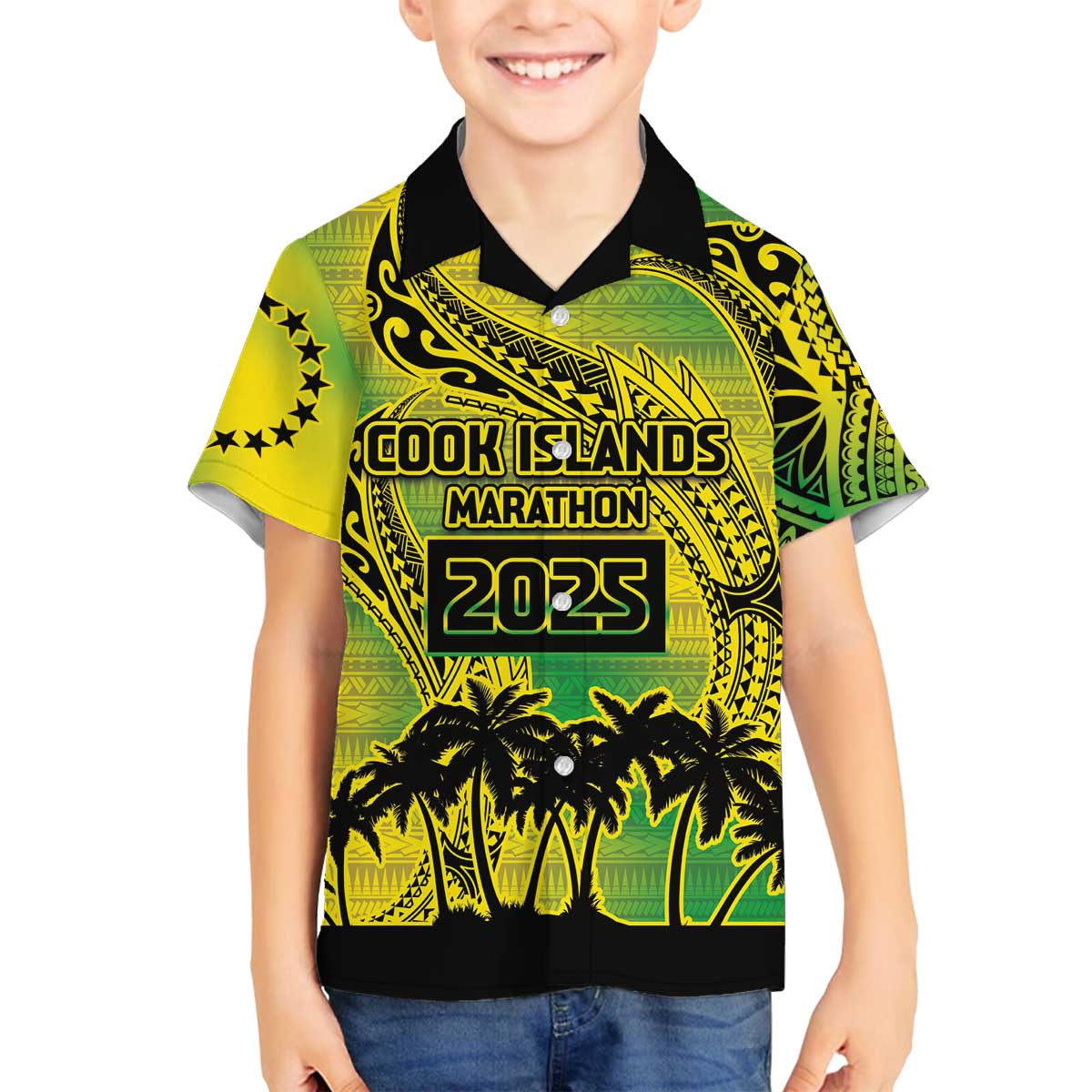 Cook Islands Marathon 2025-Pursuit in Paradise Family Matching Off The Shoulder Long Sleeve Dress and Hawaiian Shirt Special Edition LT03 Son's Shirt Yellow-Green - Polynesian Pride