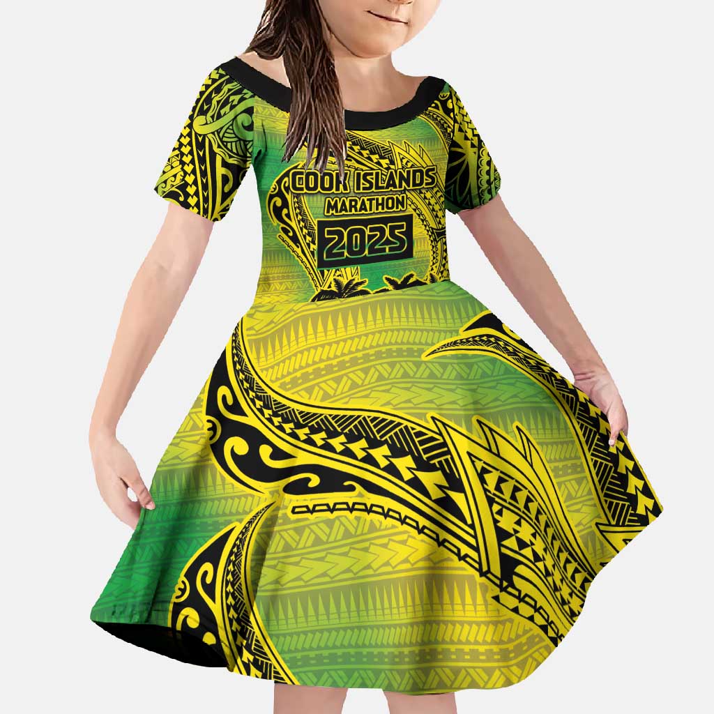 Cook Islands Marathon 2025-Pursuit in Paradise Family Matching Off Shoulder Maxi Dress and Hawaiian Shirt Special Edition LT03 Daughter's Dress Yellow-Green - Polynesian Pride
