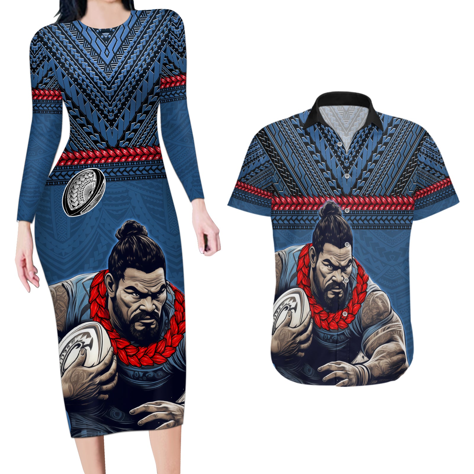 Custom Toa Samoa Rugby Couples Matching Long Sleeve Bodycon Dress and Hawaiian Shirt Samoan Warrior Ula Fala Tribal Pattern LT03