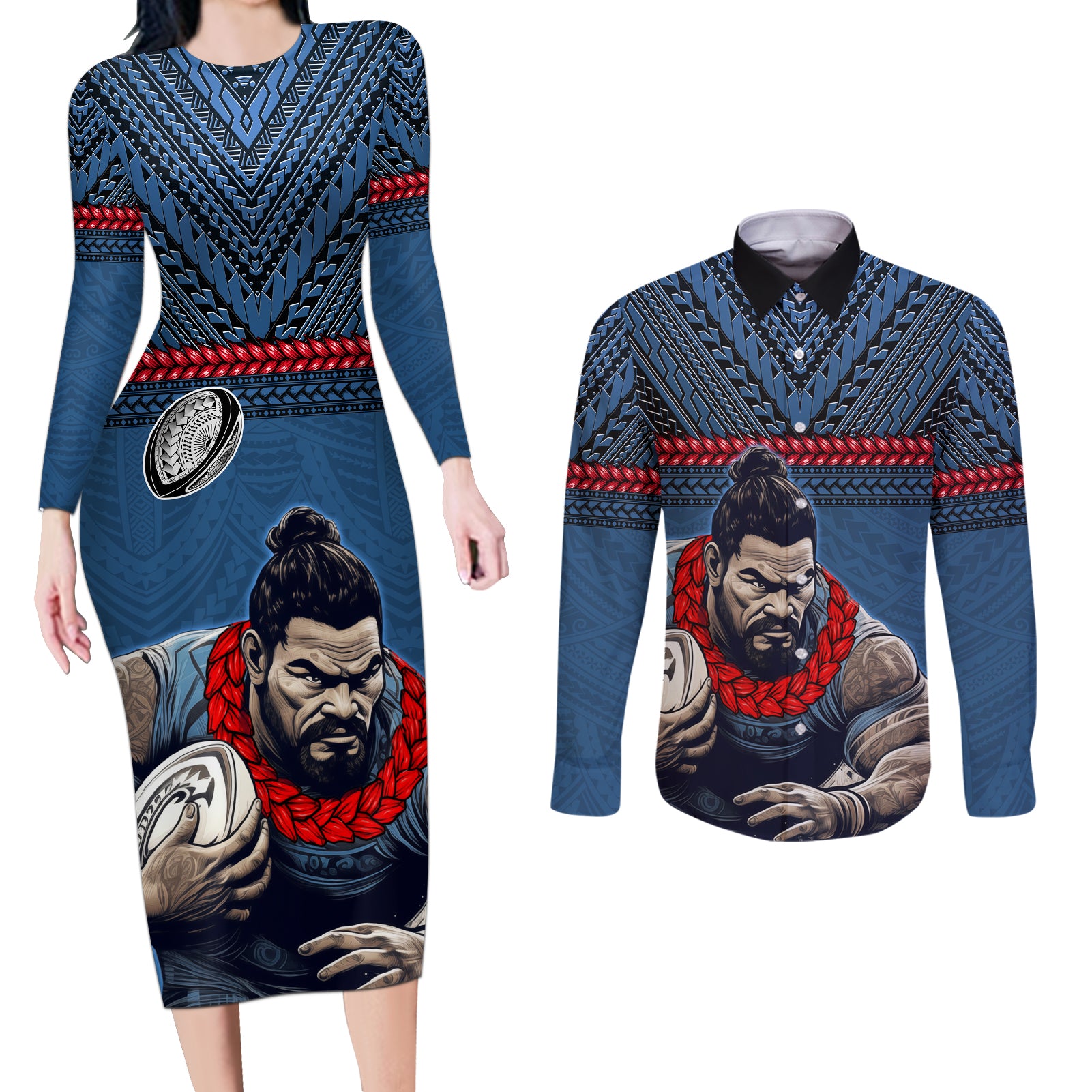 Custom Toa Samoa Rugby Couples Matching Long Sleeve Bodycon Dress and Long Sleeve Button Shirt Samoan Warrior Ula Fala Tribal Pattern LT03