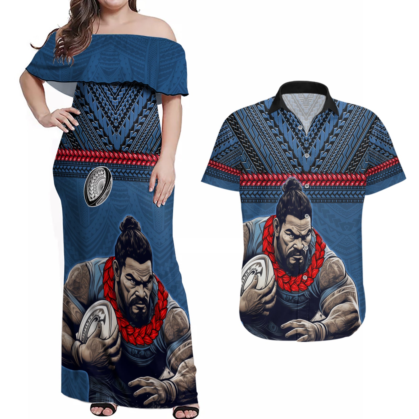 Custom Toa Samoa Rugby Couples Matching Off Shoulder Maxi Dress and Hawaiian Shirt Samoan Warrior Ula Fala Tribal Pattern LT03