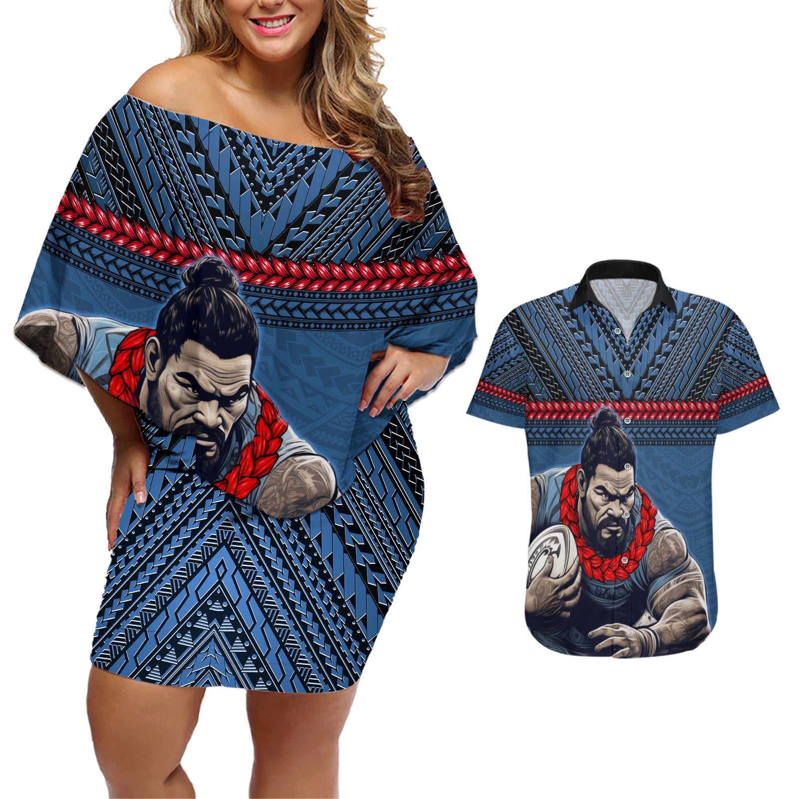 Custom Toa Samoa Rugby Couples Matching Off Shoulder Short Dress and Hawaiian Shirt Samoan Warrior Ula Fala Tribal Pattern LT03