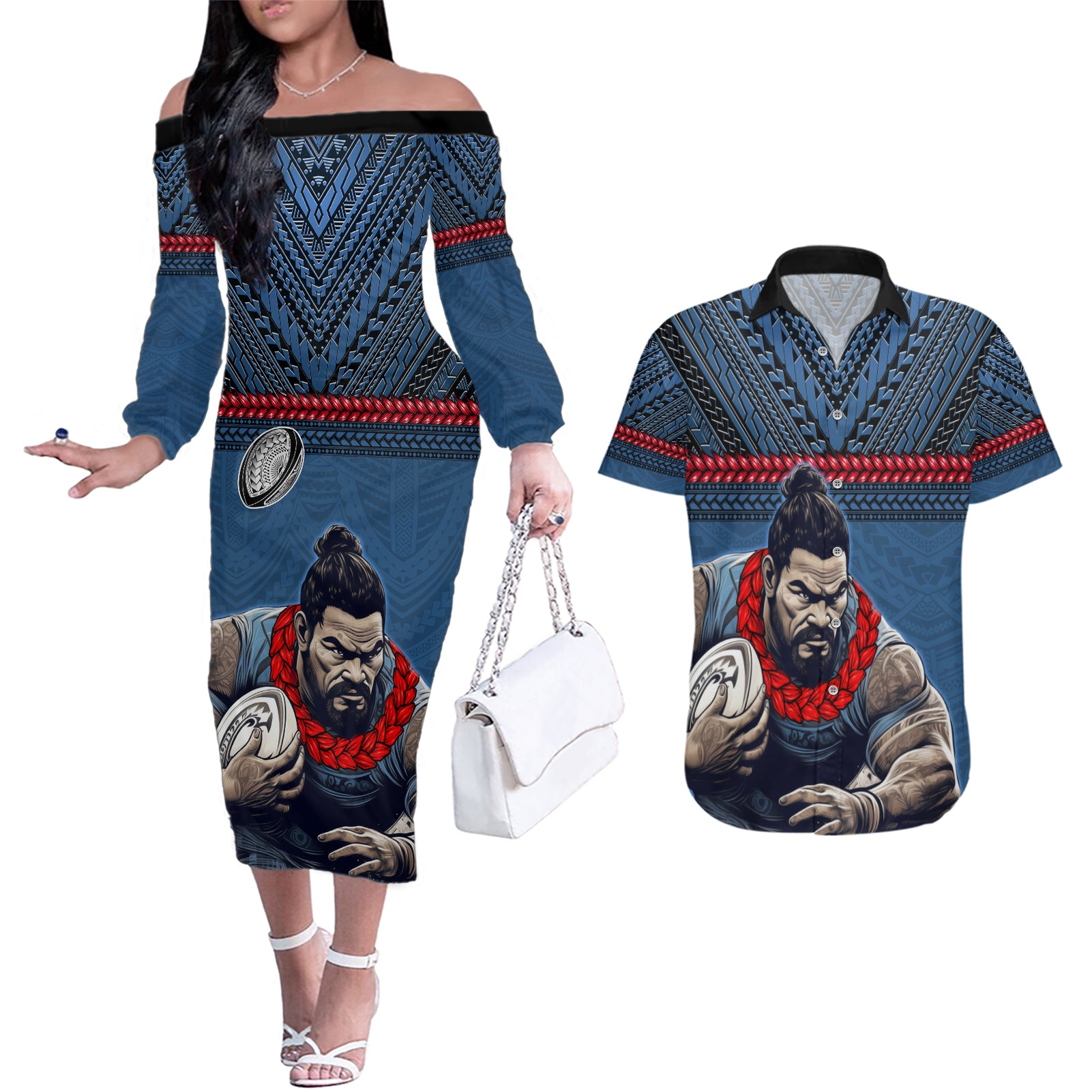 Custom Toa Samoa Rugby Couples Matching Off The Shoulder Long Sleeve Dress and Hawaiian Shirt Samoan Warrior Ula Fala Tribal Pattern LT03