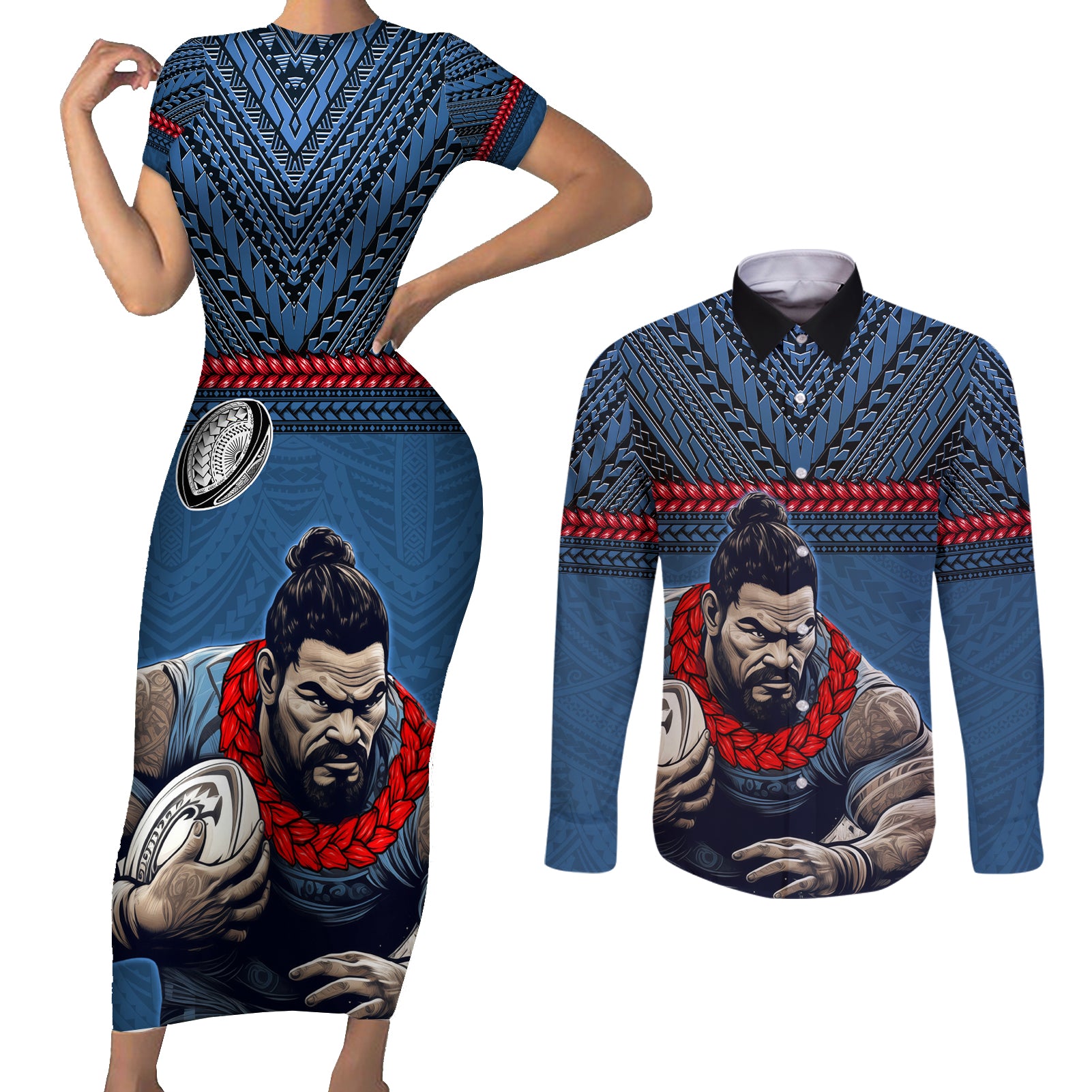 Custom Toa Samoa Rugby Couples Matching Short Sleeve Bodycon Dress and Long Sleeve Button Shirt Samoan Warrior Ula Fala Tribal Pattern LT03