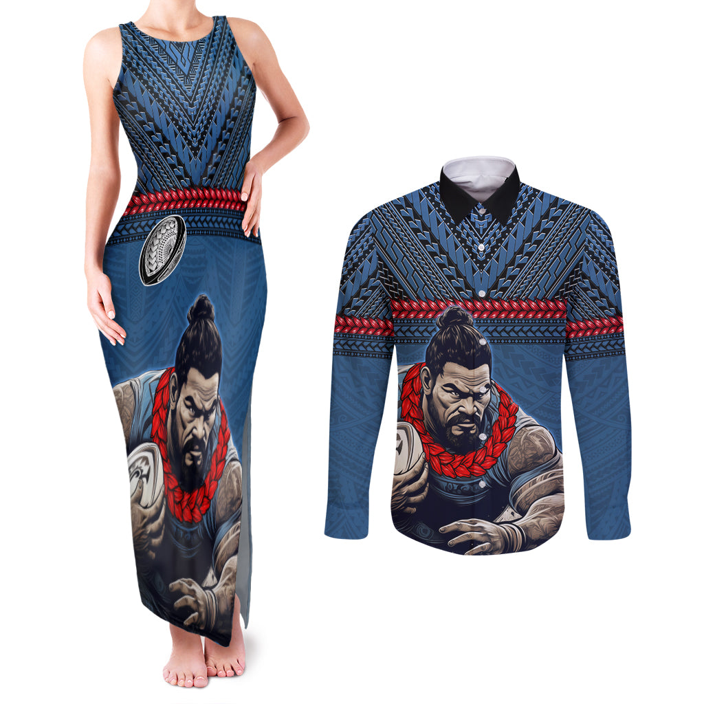 Custom Toa Samoa Rugby Couples Matching Tank Maxi Dress and Long Sleeve Button Shirt Samoan Warrior Ula Fala Tribal Pattern LT03