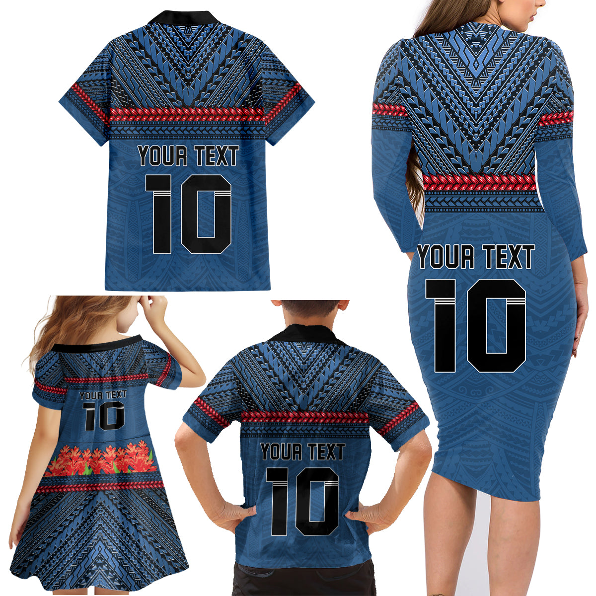 Custom Toa Samoa Rugby Family Matching Long Sleeve Bodycon Dress and Hawaiian Shirt Samoan Warrior Ula Fala Tribal Pattern LT03