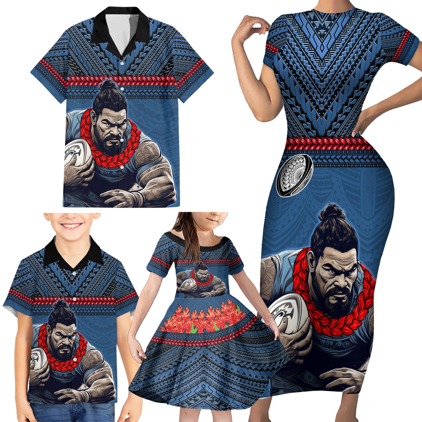 Custom Toa Samoa Rugby Family Matching Short Sleeve Bodycon Dress and Hawaiian Shirt Samoan Warrior Ula Fala Tribal Pattern LT03