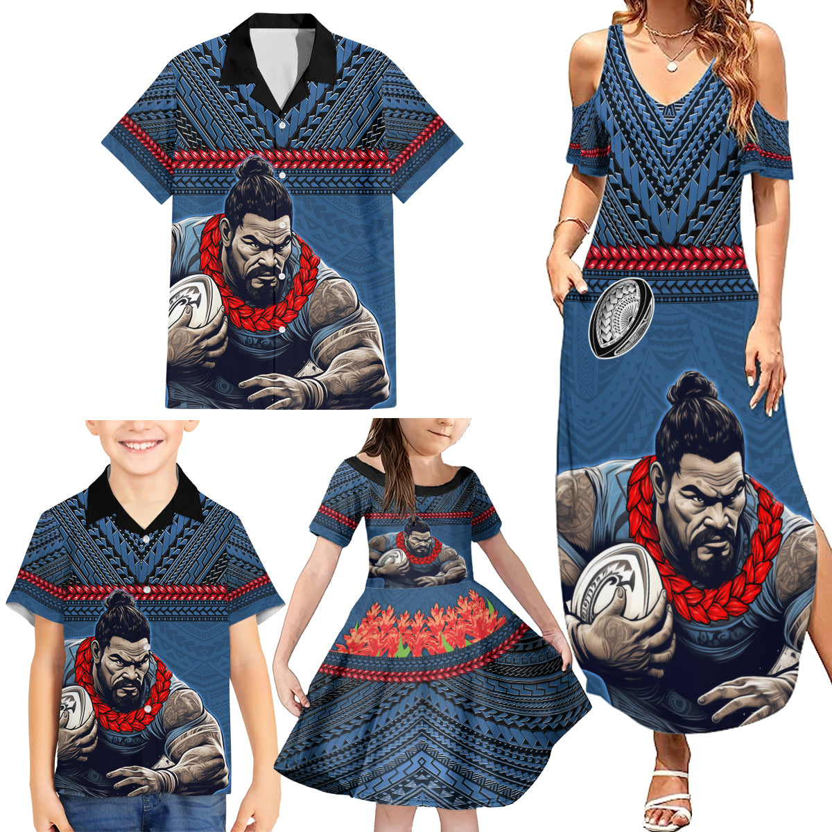 Custom Toa Samoa Rugby Family Matching Summer Maxi Dress and Hawaiian Shirt Samoan Warrior Ula Fala Tribal Pattern LT03