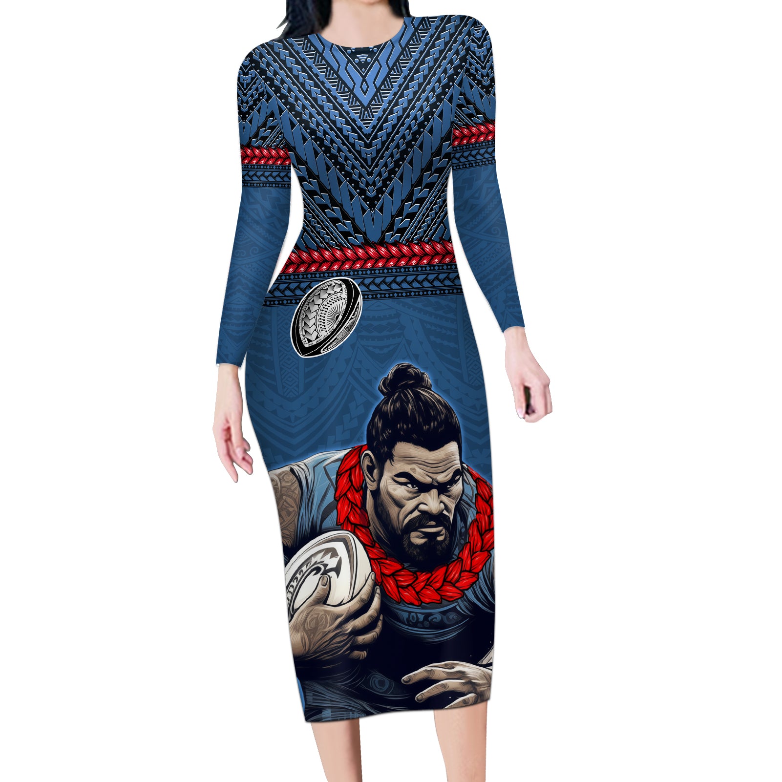 Custom Toa Samoa Rugby Long Sleeve Bodycon Dress Samoan Warrior Ula Fala Tribal Pattern LT03