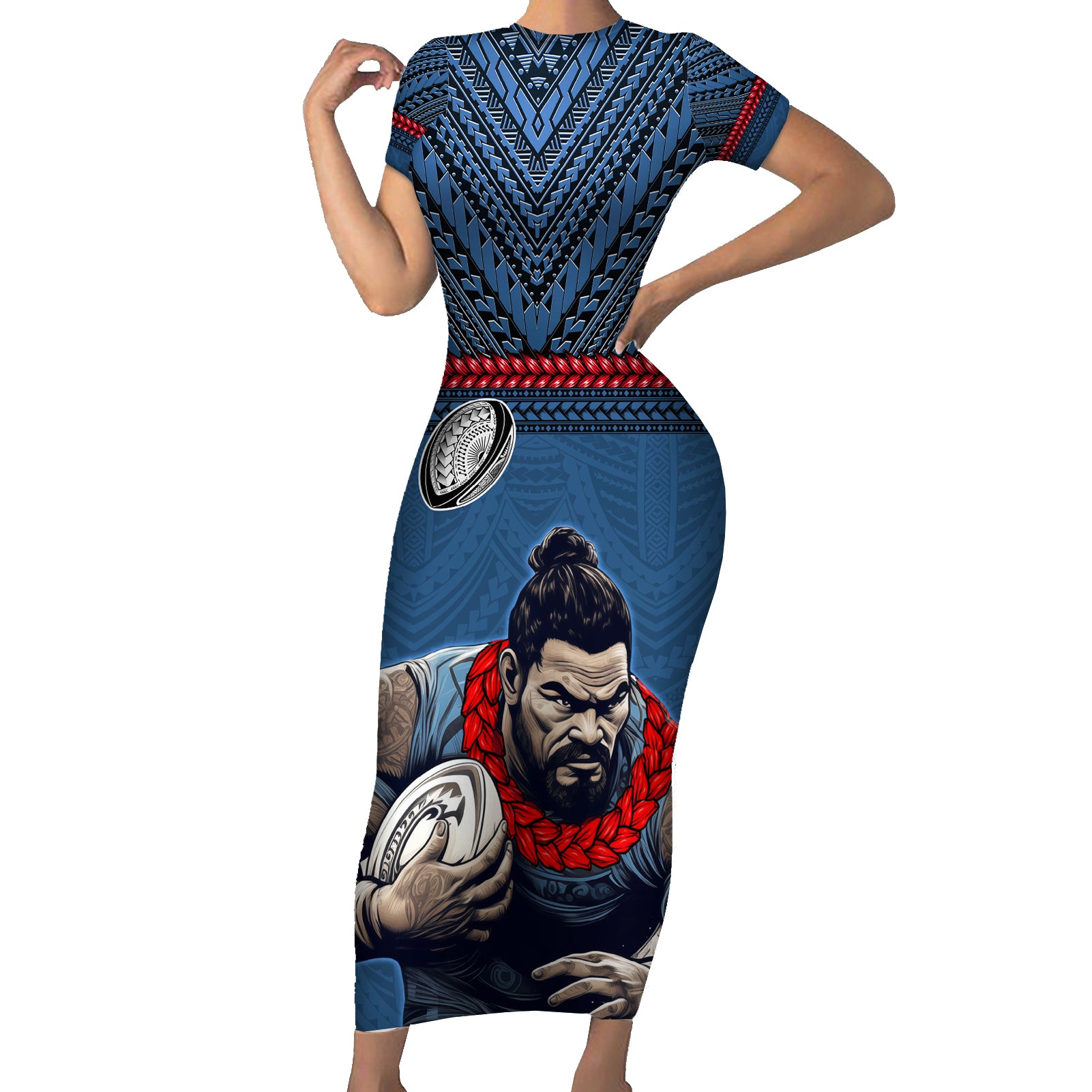 Custom Toa Samoa Rugby Short Sleeve Bodycon Dress Samoan Warrior Ula Fala Tribal Pattern LT03