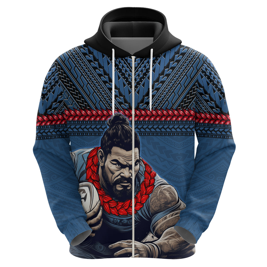 Custom Toa Samoa Rugby Zip Hoodie Samoan Warrior Ula Fala Tribal Pattern LT03