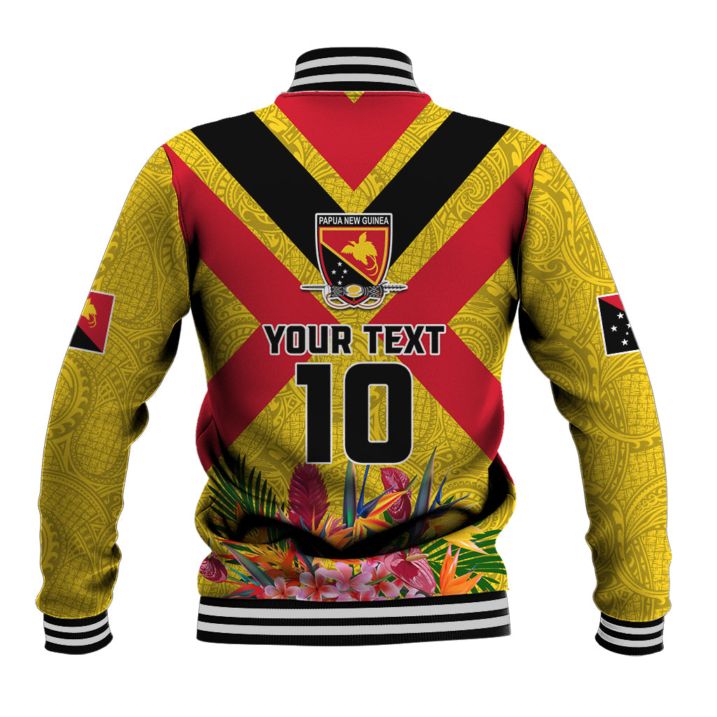 Custom Papua New Guinea Rugby Baseball Jacket Bird of Paradise and Hibiscus Polynesian Pattern Yellow Color LT03