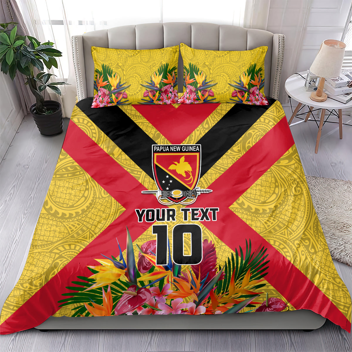 Custom Papua New Guinea Rugby Bedding Set Bird of Paradise and Hibiscus Polynesian Pattern Yellow Color