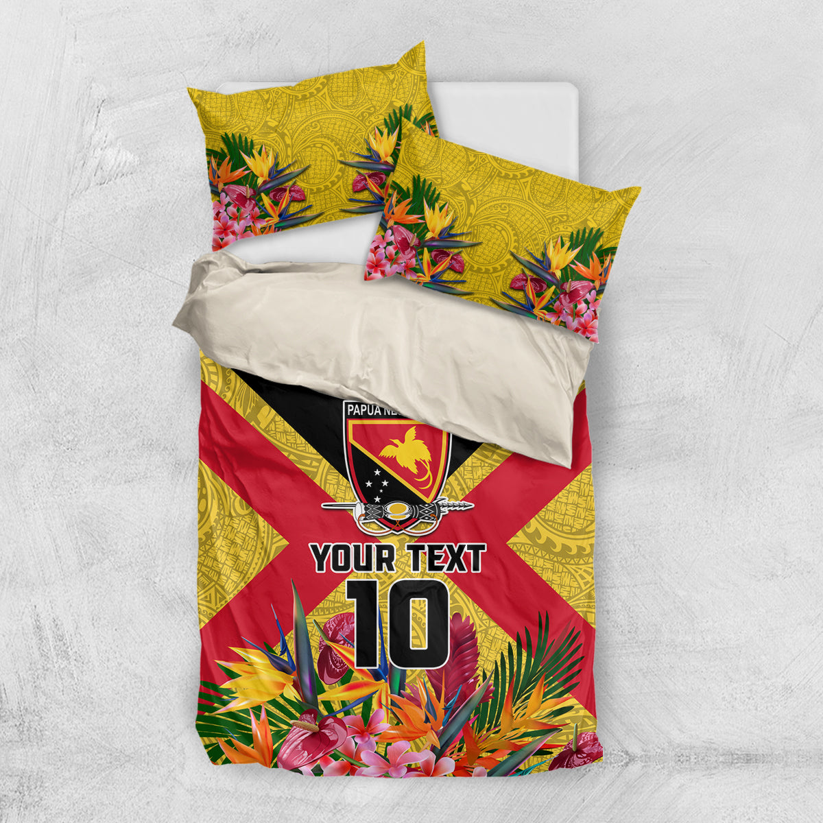 Custom Papua New Guinea Rugby Bedding Set Bird of Paradise and Hibiscus Polynesian Pattern Yellow Color