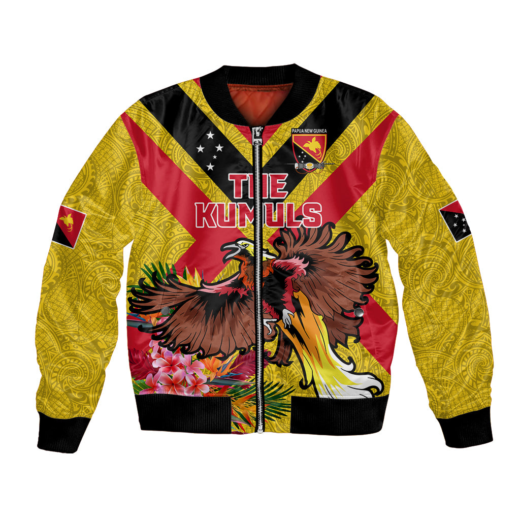 Custom Papua New Guinea Rugby Bomber Jacket Bird of Paradise and Hibiscus Polynesian Pattern Yellow Color LT03