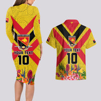 Custom Papua New Guinea Rugby Couples Matching Long Sleeve Bodycon Dress and Hawaiian Shirt Bird of Paradise and Hibiscus Polynesian Pattern Yellow Color LT03 - Polynesian Pride