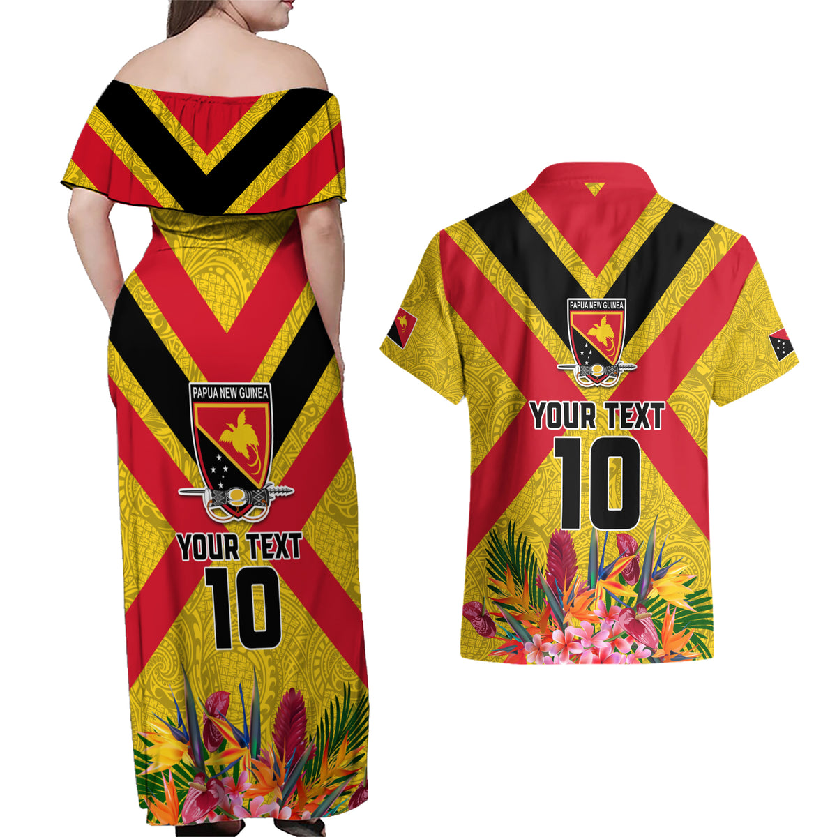 Custom Papua New Guinea Rugby Couples Matching Off Shoulder Maxi Dress and Hawaiian Shirt Bird of Paradise and Hibiscus Polynesian Pattern Yellow Color LT03