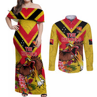 Custom Papua New Guinea Rugby Couples Matching Off Shoulder Maxi Dress and Long Sleeve Button Shirt Bird of Paradise and Hibiscus Polynesian Pattern Yellow Color LT03