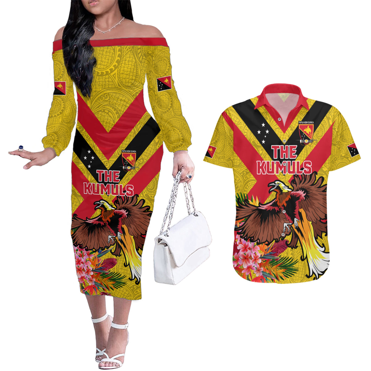 Custom Papua New Guinea Rugby Couples Matching Off The Shoulder Long Sleeve Dress and Hawaiian Shirt Bird of Paradise and Hibiscus Polynesian Pattern Yellow Color LT03