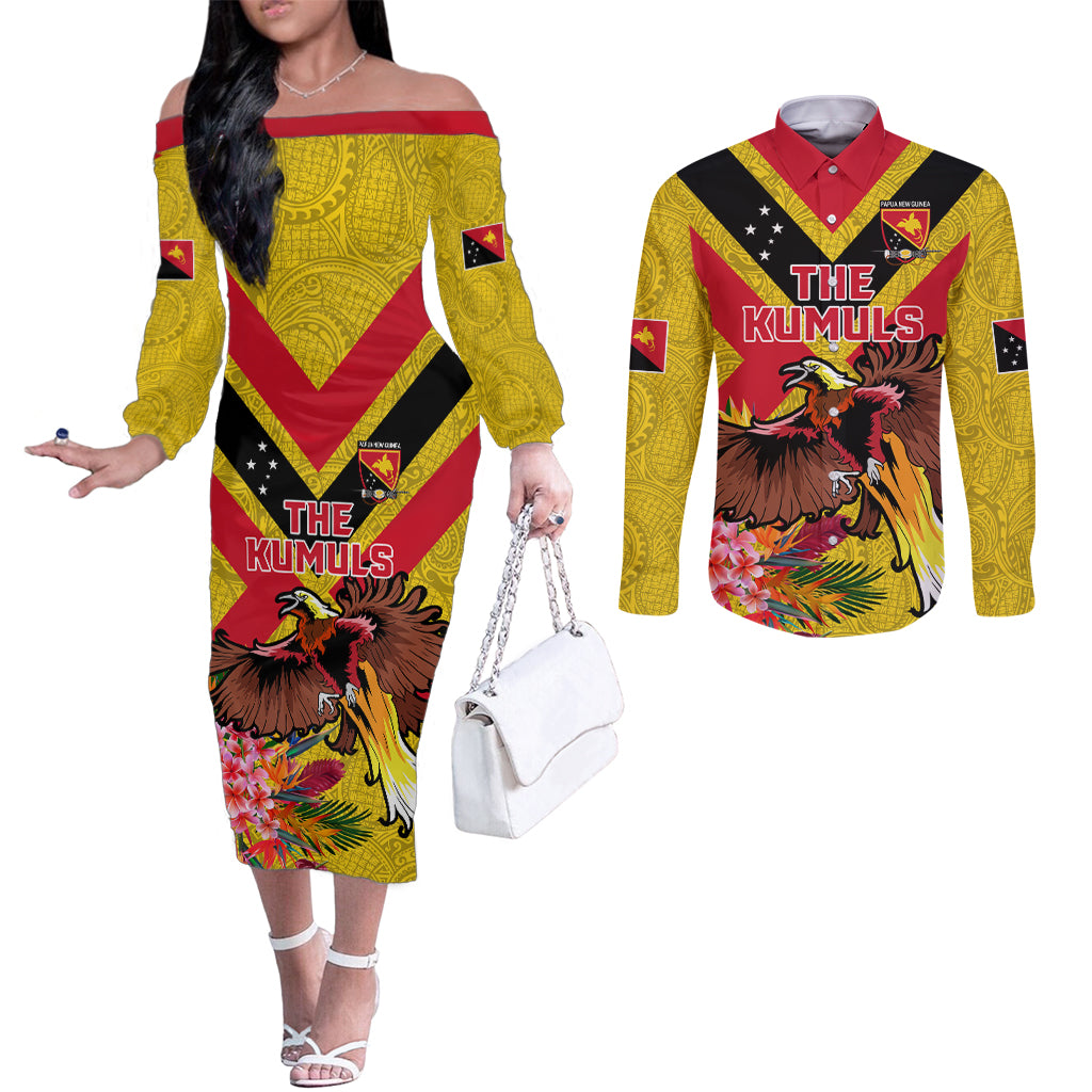 Custom Papua New Guinea Rugby Couples Matching Off The Shoulder Long Sleeve Dress and Long Sleeve Button Shirt Bird of Paradise and Hibiscus Polynesian Pattern Yellow Color LT03