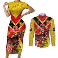 Custom Papua New Guinea Rugby Couples Matching Short Sleeve Bodycon Dress and Long Sleeve Button Shirt Bird of Paradise and Hibiscus Polynesian Pattern Yellow Color LT03