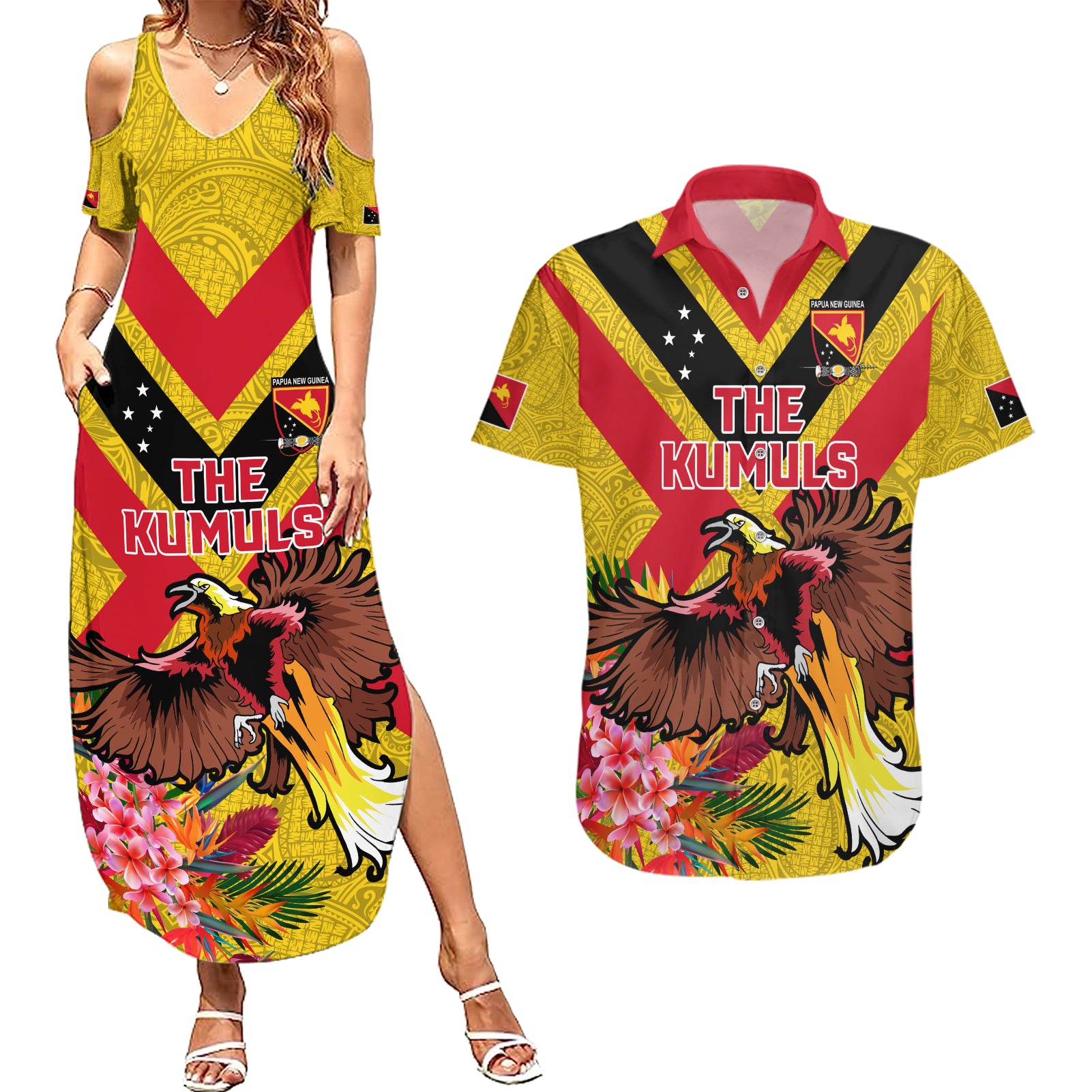 Custom Papua New Guinea Rugby Couples Matching Summer Maxi Dress and Hawaiian Shirt Bird of Paradise and Hibiscus Polynesian Pattern Yellow Color LT03