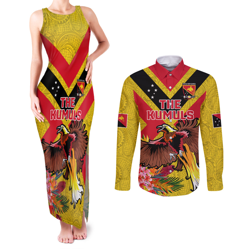 Custom Papua New Guinea Rugby Couples Matching Tank Maxi Dress and Long Sleeve Button Shirt Bird of Paradise and Hibiscus Polynesian Pattern Yellow Color LT03