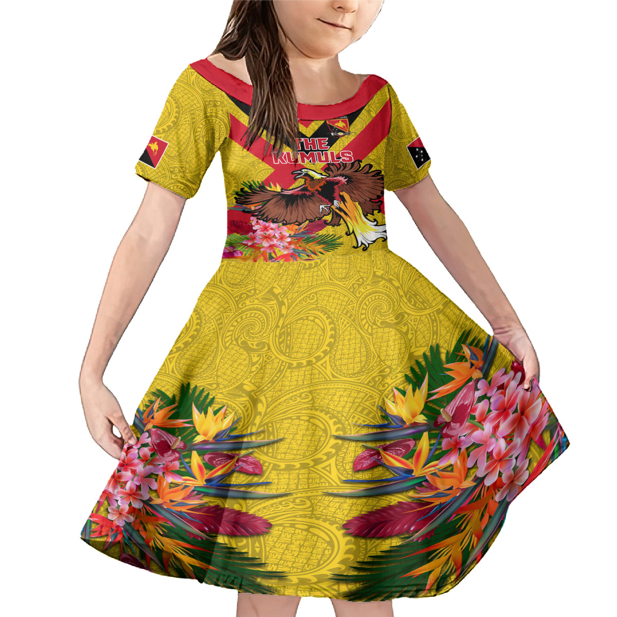 Custom Papua New Guinea Rugby Family Matching Mermaid Dress and Hawaiian Shirt Bird of Paradise and Hibiscus Polynesian Pattern Yellow Color LT03 Daughter's Dress Yellow - Polynesian Pride