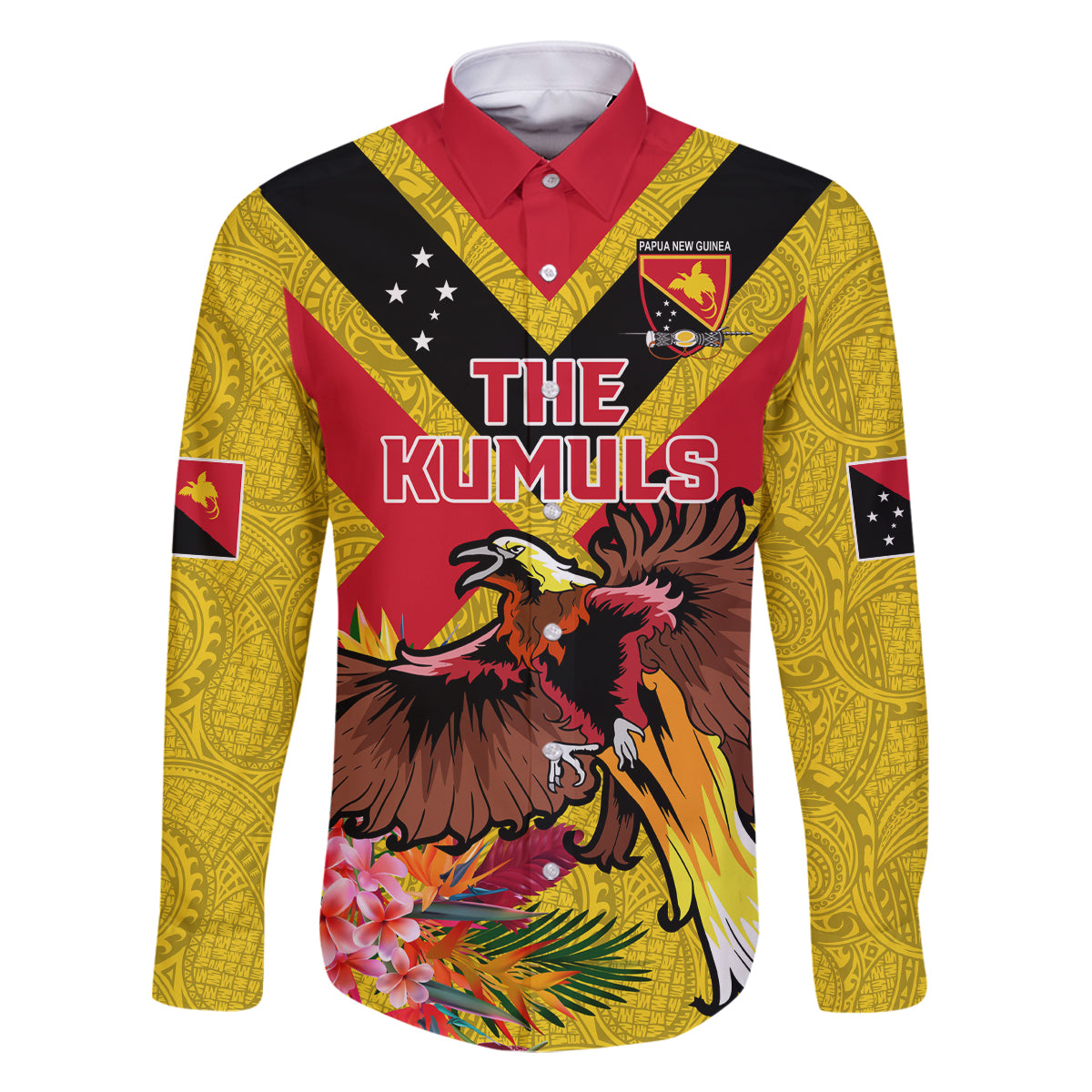 Custom Papua New Guinea Rugby Family Matching Off The Shoulder Long Sleeve Dress and Hawaiian Shirt Bird of Paradise and Hibiscus Polynesian Pattern Yellow Color LT03