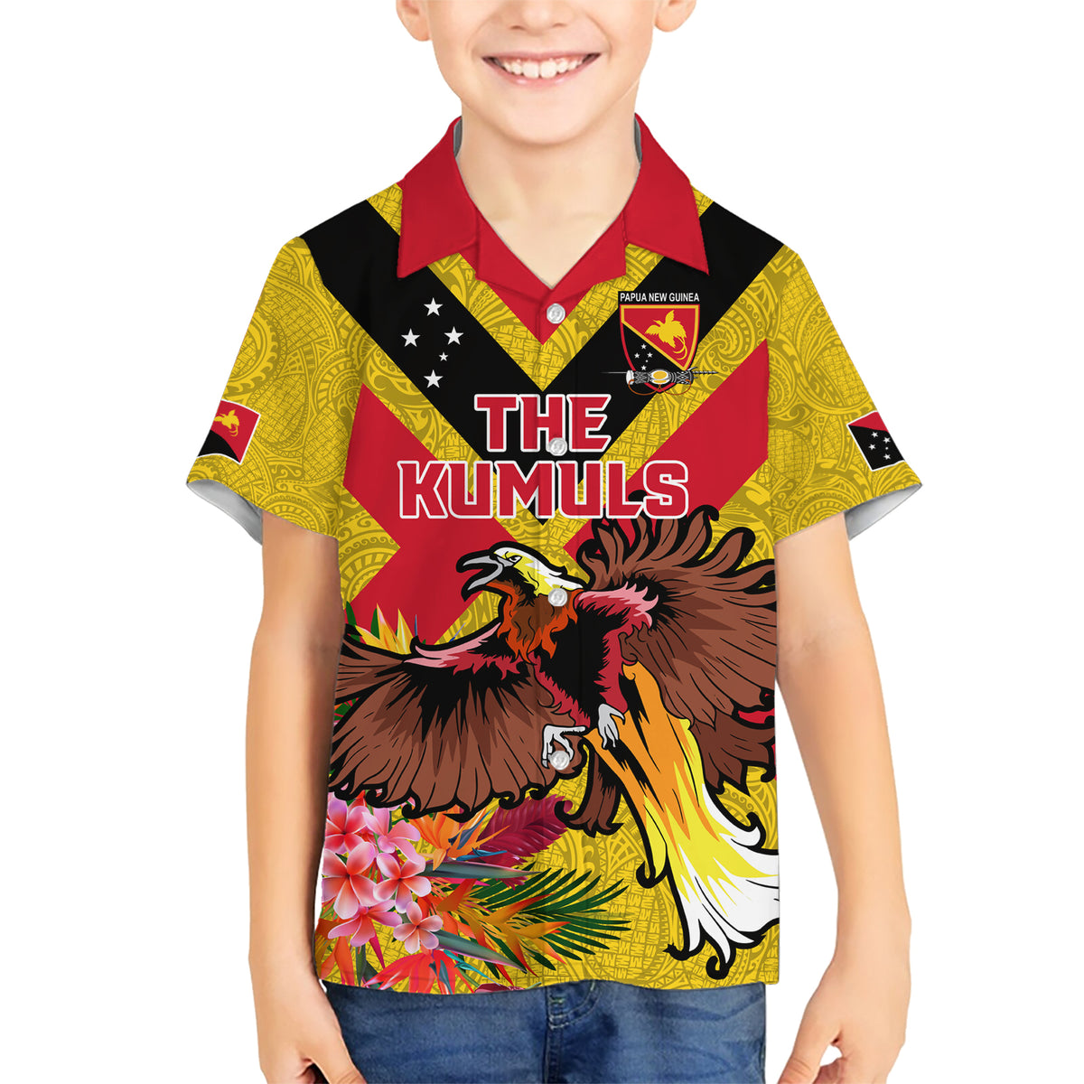 Custom Papua New Guinea Rugby Family Matching Short Sleeve Bodycon Dress and Hawaiian Shirt Bird of Paradise and Hibiscus Polynesian Pattern Yellow Color LT03