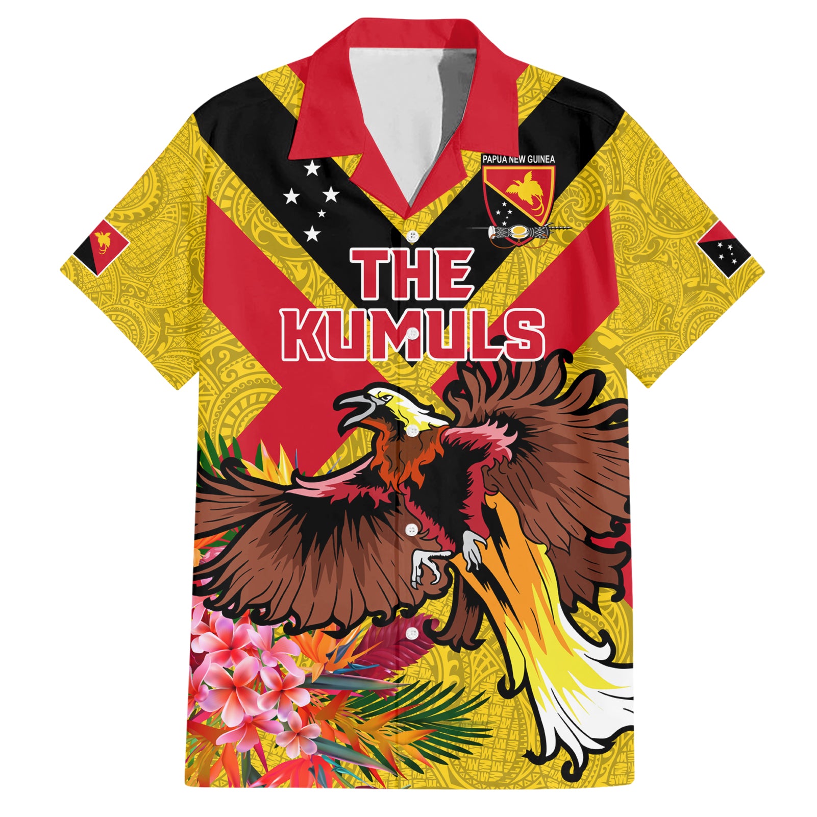 Custom Papua New Guinea Rugby Hawaiian Shirt Bird of Paradise and Hibiscus Polynesian Pattern Yellow Color LT03