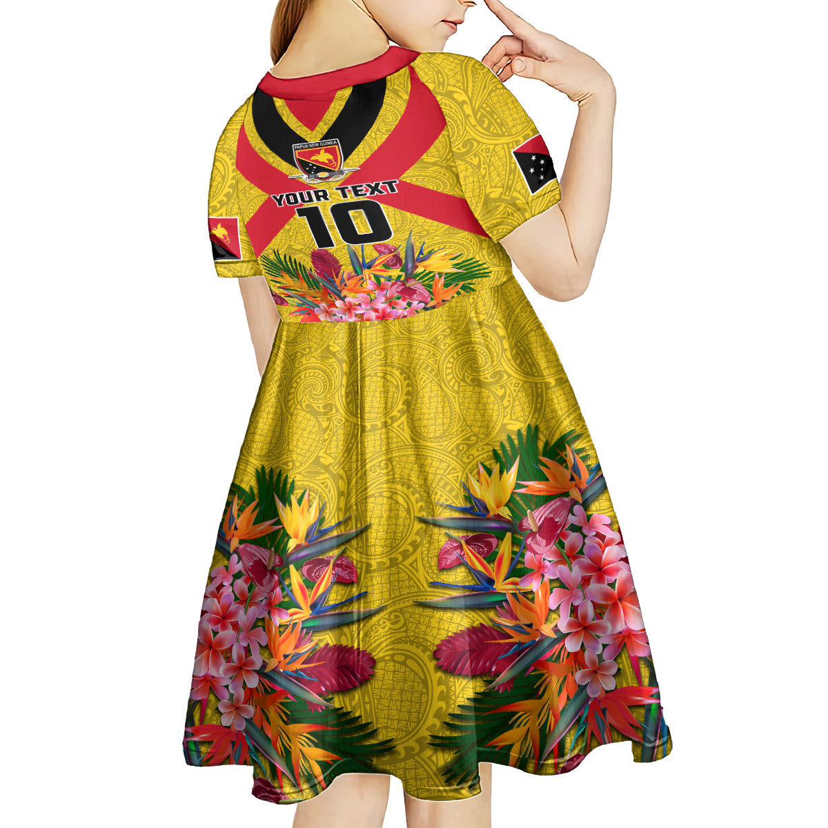 Custom Papua New Guinea Rugby Kid Short Sleeve Dress Bird of Paradise and Hibiscus Polynesian Pattern Yellow Color LT03