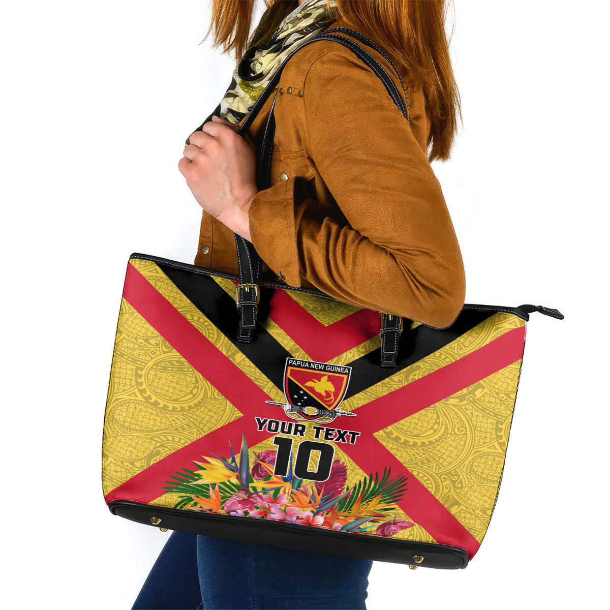 Custom Papua New Guinea Rugby Leather Tote Bag Bird of Paradise and Hibiscus Polynesian Pattern Yellow Color