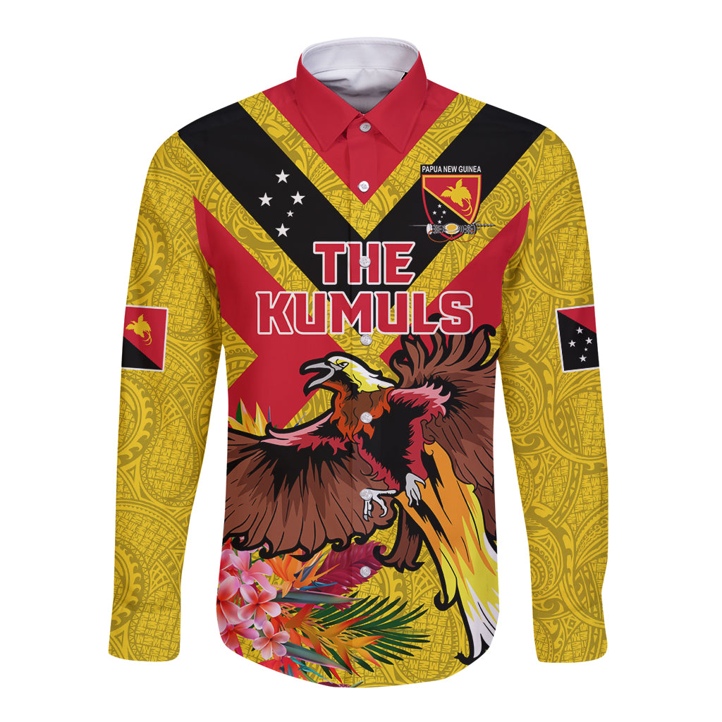 Custom Papua New Guinea Rugby Long Sleeve Button Shirt Bird of Paradise and Hibiscus Polynesian Pattern Yellow Color LT03