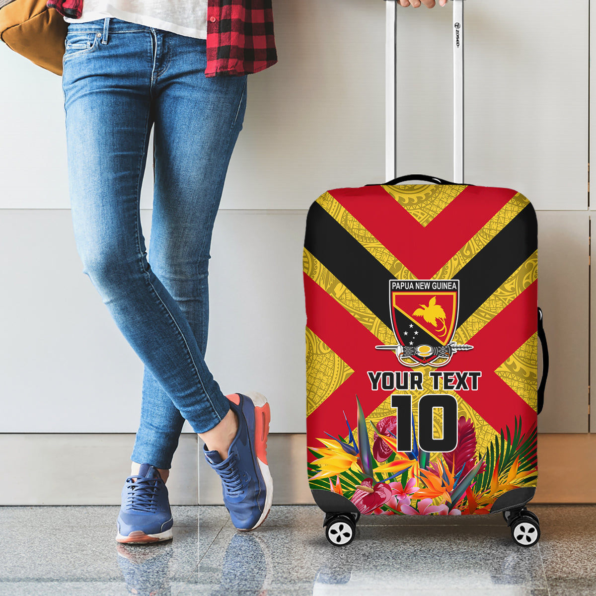 Custom Papua New Guinea Rugby Luggage Cover Bird of Paradise and Hibiscus Polynesian Pattern Yellow Color