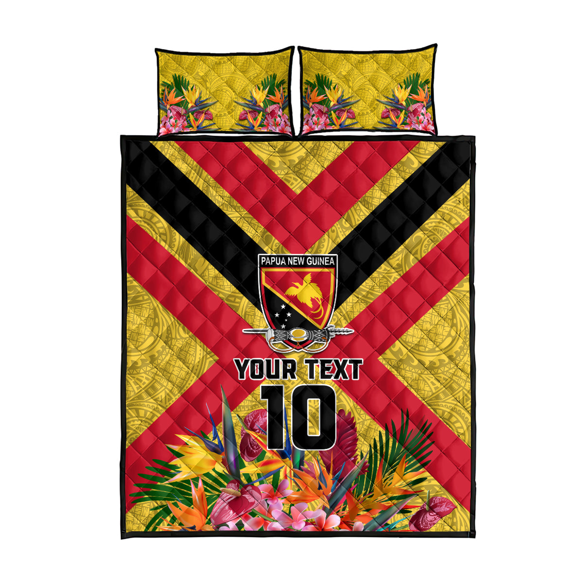 Custom Papua New Guinea Rugby Quilt Bed Set Bird of Paradise and Hibiscus Polynesian Pattern Yellow Color