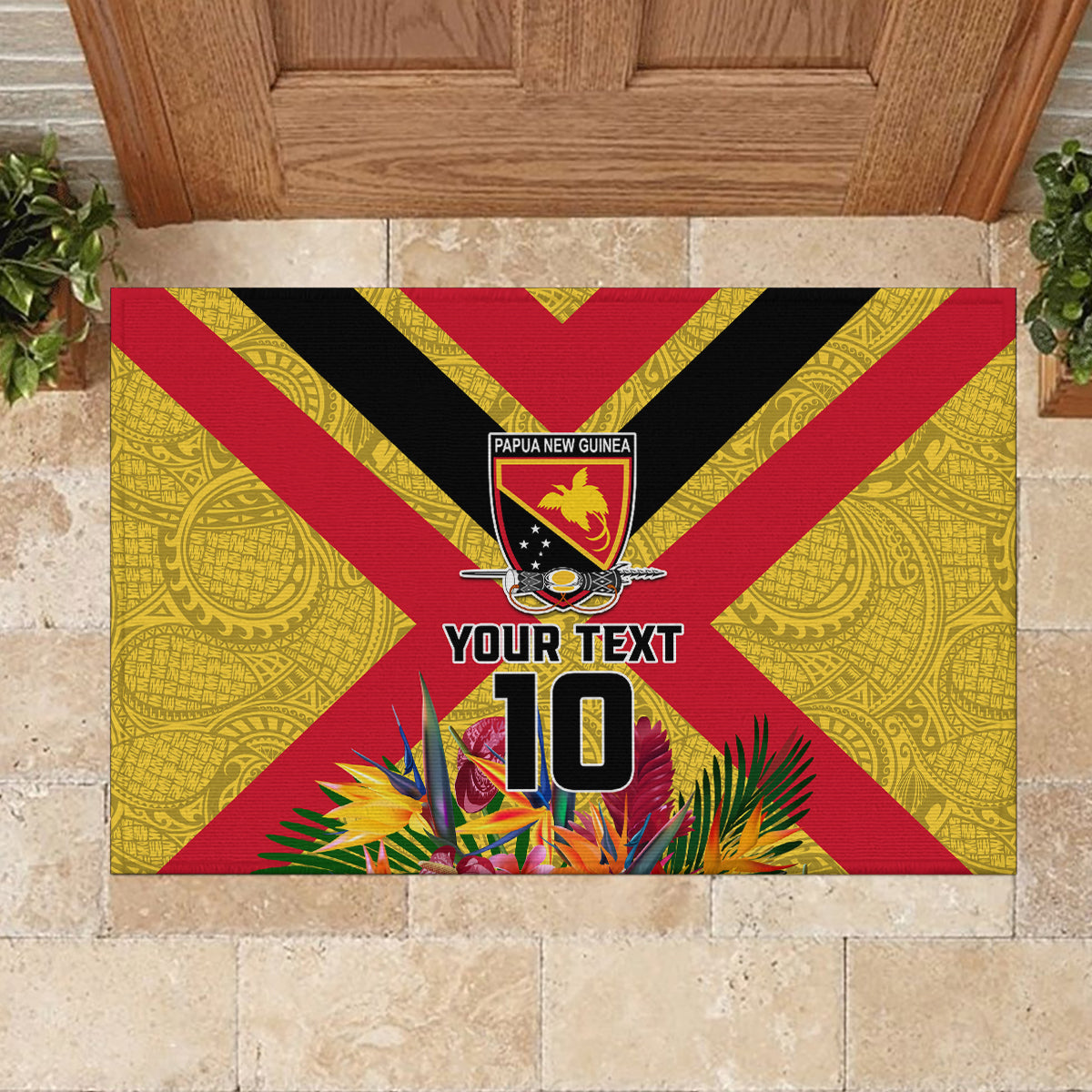 Custom Papua New Guinea Rugby Rubber Doormat Bird of Paradise and Hibiscus Polynesian Pattern Yellow Color