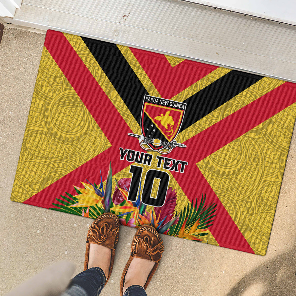 Custom Papua New Guinea Rugby Rubber Doormat Bird of Paradise and Hibiscus Polynesian Pattern Yellow Color