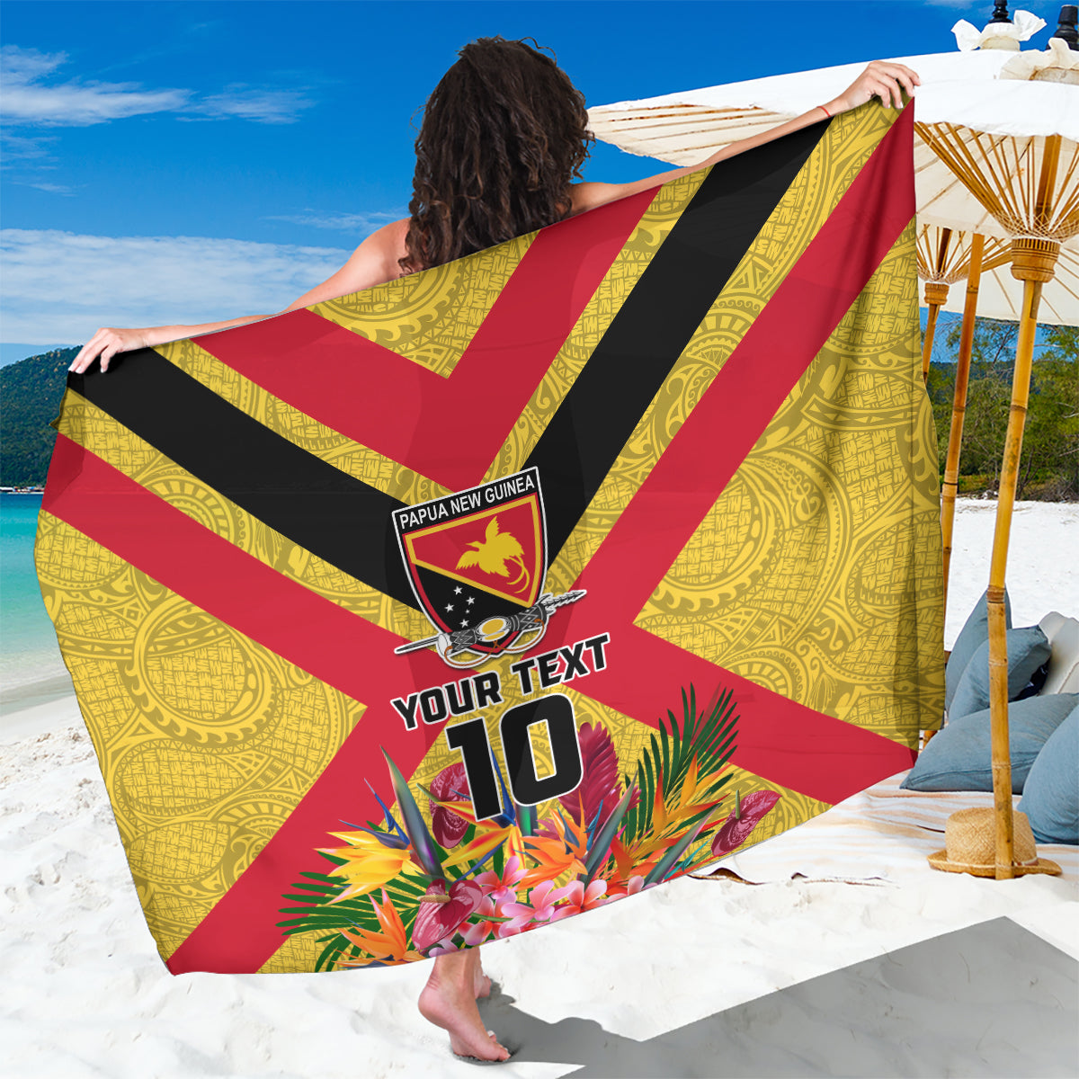 Custom Papua New Guinea Rugby Sarong Bird of Paradise and Hibiscus Polynesian Pattern Yellow Color