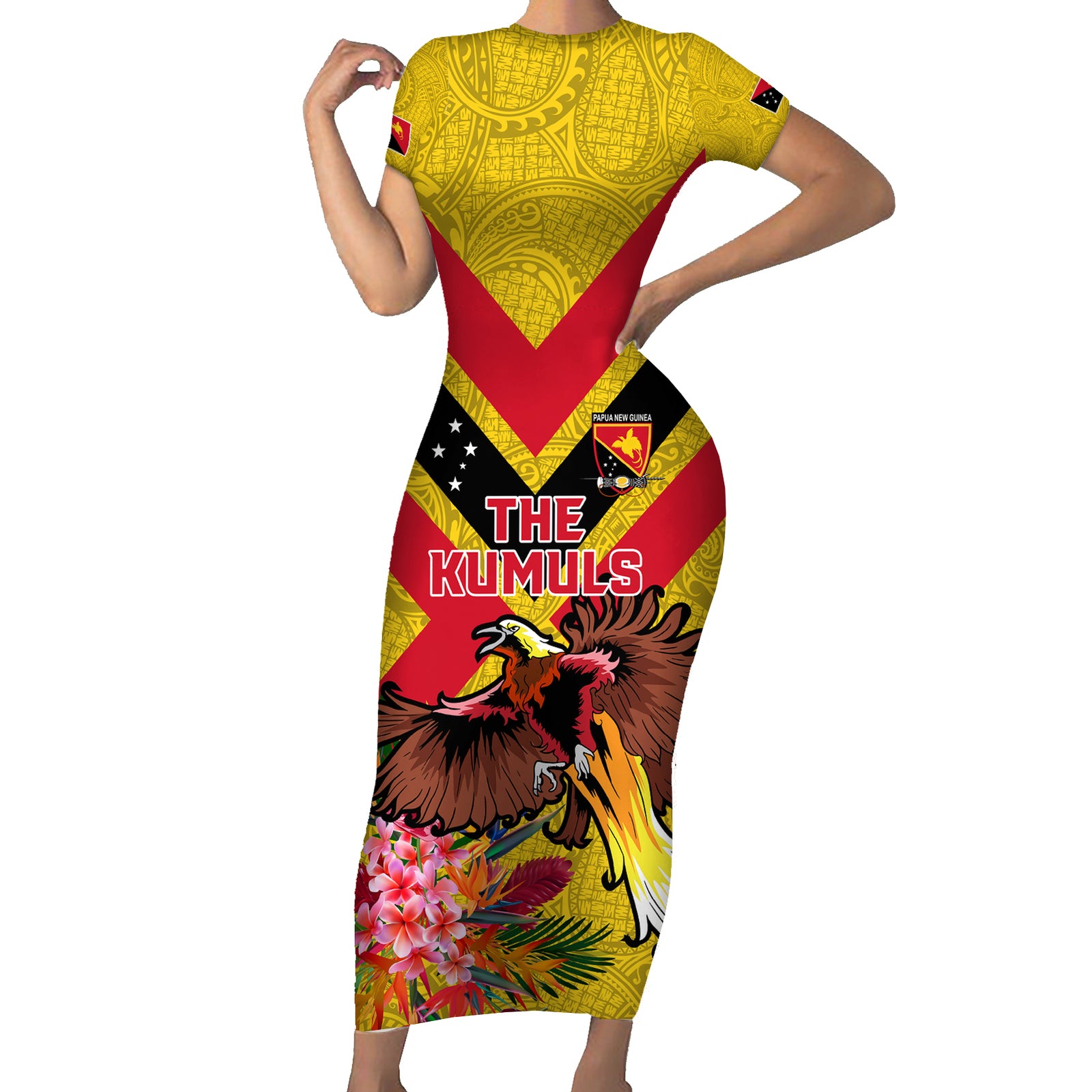 Custom Papua New Guinea Rugby Short Sleeve Bodycon Dress Bird of Paradise and Hibiscus Polynesian Pattern Yellow Color LT03
